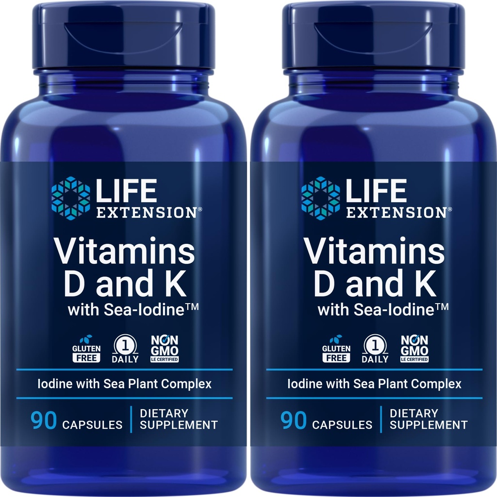 Life Extension Vitamíny D a K s morským jódom, 90 kapsúl