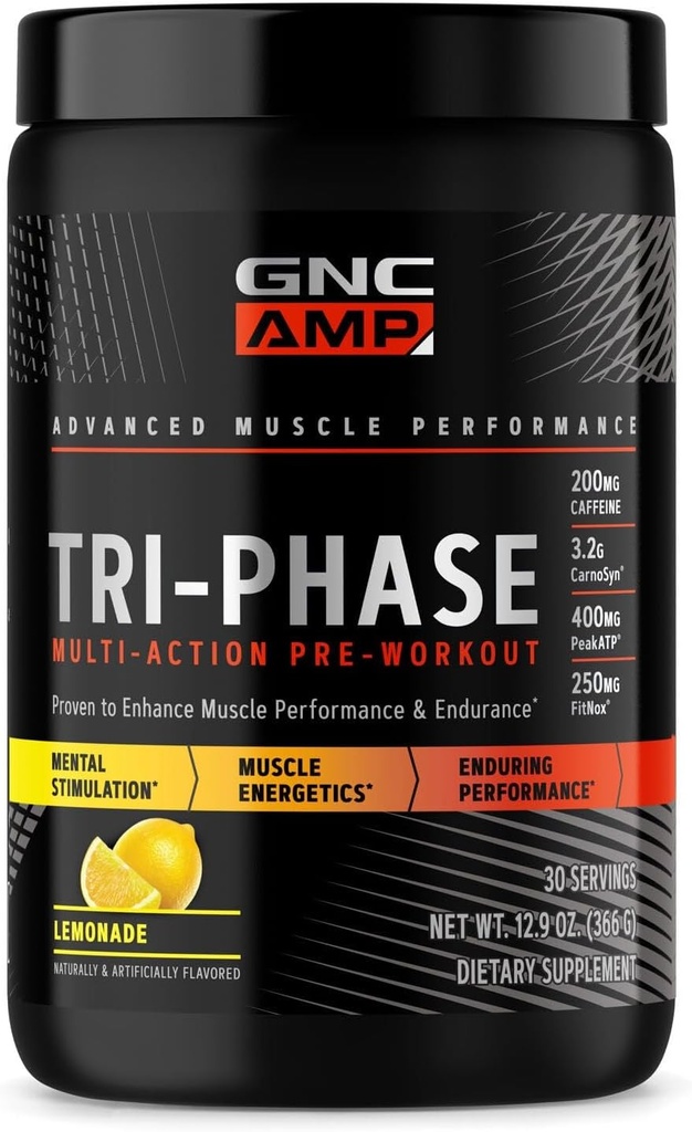 GNC AMP Tri-Phase Multi-Action Pre-Workout - Lemonade (30 Servings)