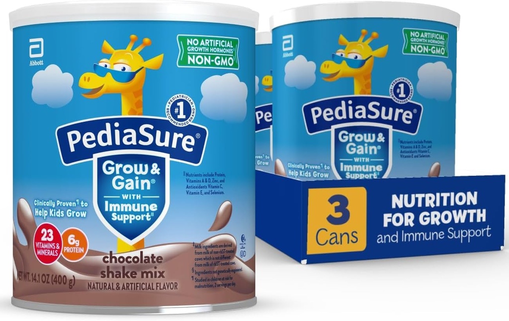 PediaSure Grow & Gain with Immune Support Shake Mix Powder, 23 Vitamíny a minerály, 6g Protein, non-GMO, Gluten-Free, Čokoláda, 14.1 oz Can, Balenie s 3-24 porciami