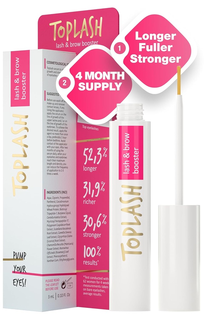 TOPLASH Eyelash Growth Serum - Inovatívny vzorec pre dlhšie, hrubšie, plnšie obočie & Lashes - Prírodné, kruté a hypoalergénne - 0.10 fl.oz.