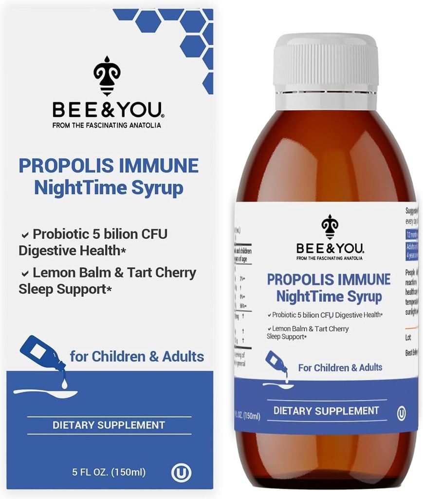 Včela a ty Propolis nočný sirup s probiotikami, vitamínom C a bazami - nežná formula pre dospelých a deti, 5 Fl Oz