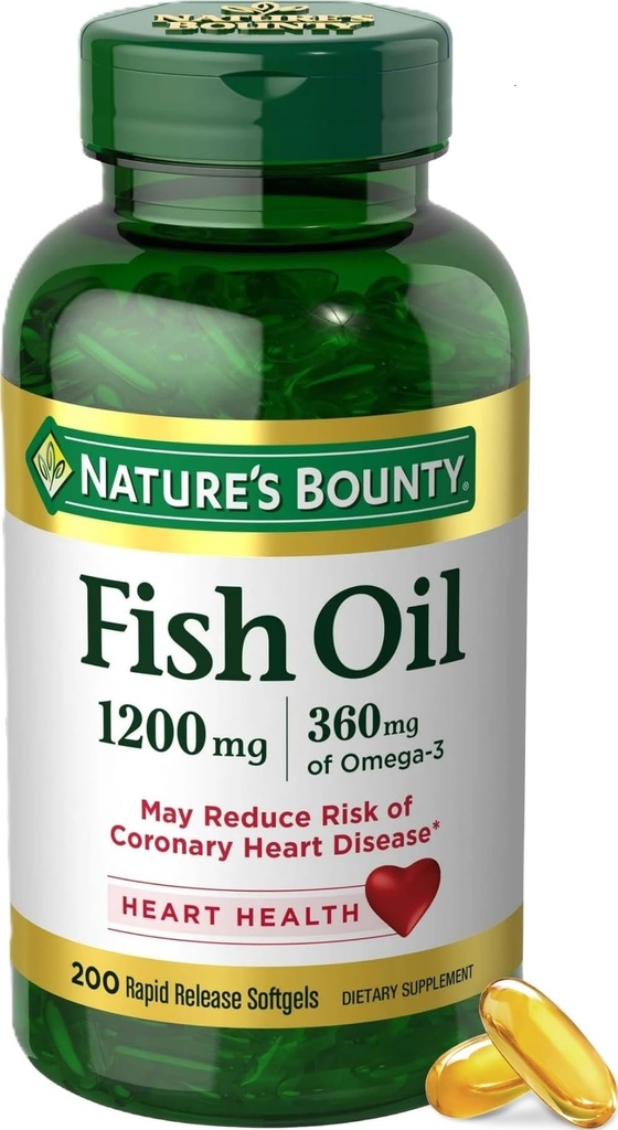Nature's Bounty Fish Oil Omega 3 Doplnky - Podporuje zdravie srdca, 1200 Mg Rybí olej, Omega-3, 200 Softgels (Pack of 1)