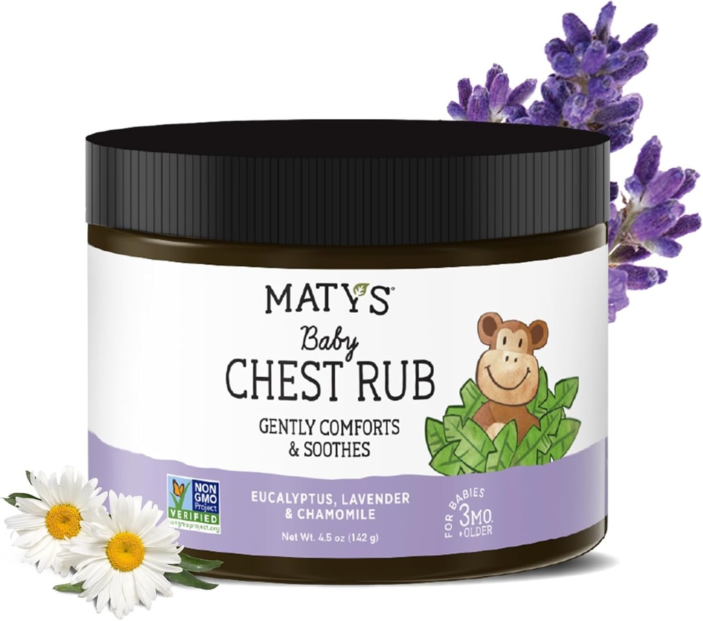 Matys Baby Chest Rub, upokojujúce kongescie Relief Vapor Rub pre deti 3 mesiace staré +, Clean & Comfort Eucalyptus, Levanduľa, & Kamilka pre spánok, non-GMO, Bez ropy, Mentol zadarmo, 4.5 oz Tub
