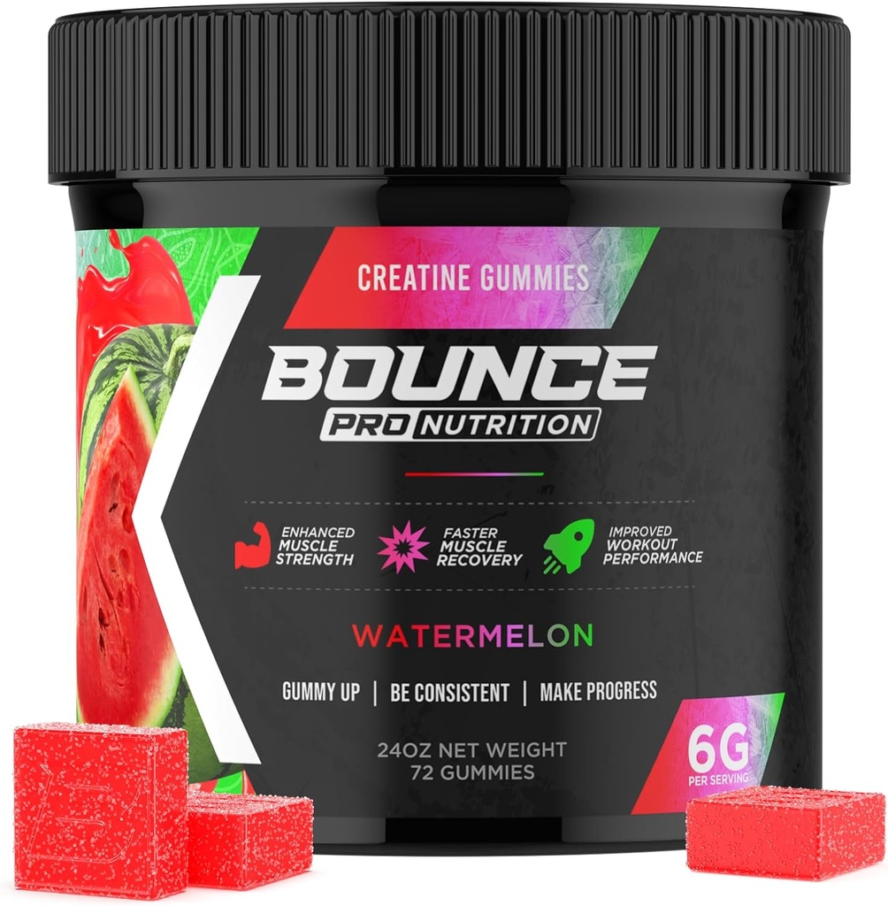 Bounce Pro Kreatin monohydrate Gummy pre mužov a ženy, Nízke kalórií, 6G kreatín za službu, Vegan, Anti-Melting, Gluten-Free, Non-GMO, 2g Creatin per Gummy (72ct, Watermelon)
