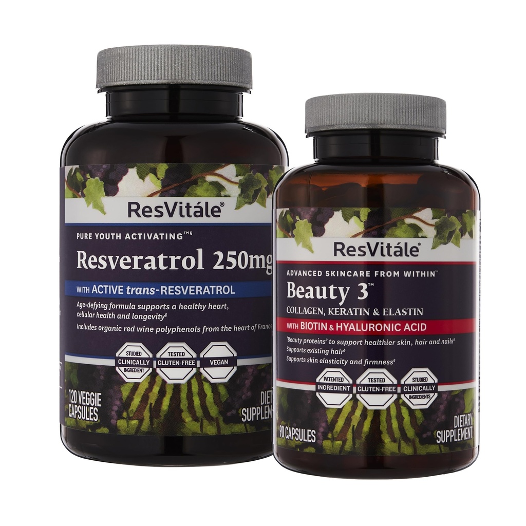 Resvitale Beauty 3 - Skin Care Supplement with Collagen, Keratin & Elastin - 90 Kapsule a Resveratrol 250 mg - Resveratrol Supplement for Men and Women - 120 Veggie Capsules