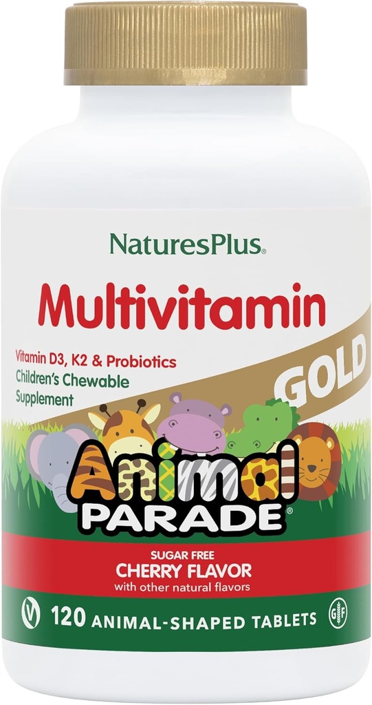 PrírodaPlus Animal Parade Gold Detské žuvacie multivitamíny - prírodná Cherry chuť - 120 Živočíšne tvarované-tablety, balenie 2 - s vitamínom D3, K2 a probiotiká - 120 celkové služby