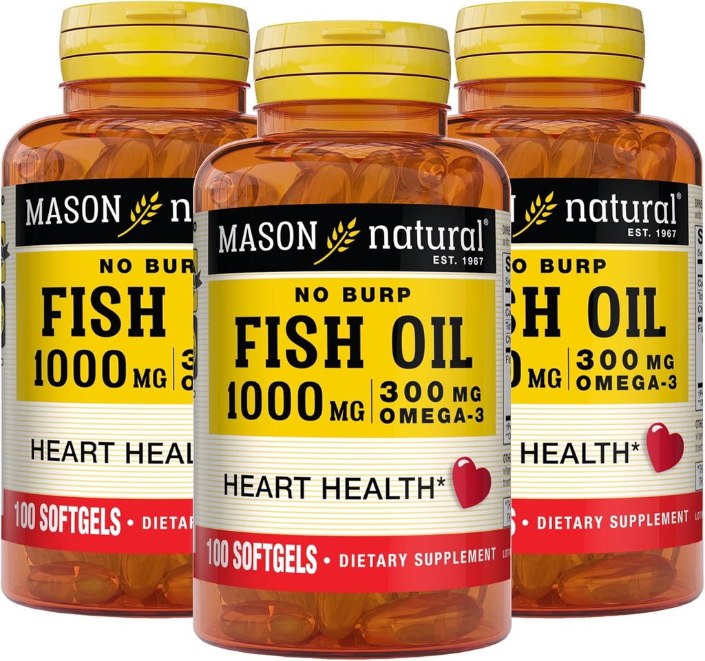 Mason Natural No Burp Fish Oil 1000 mg Omega,3 300 mg, podporuje normálne zdravie srdca, 100 Softgels (Pack of 3)