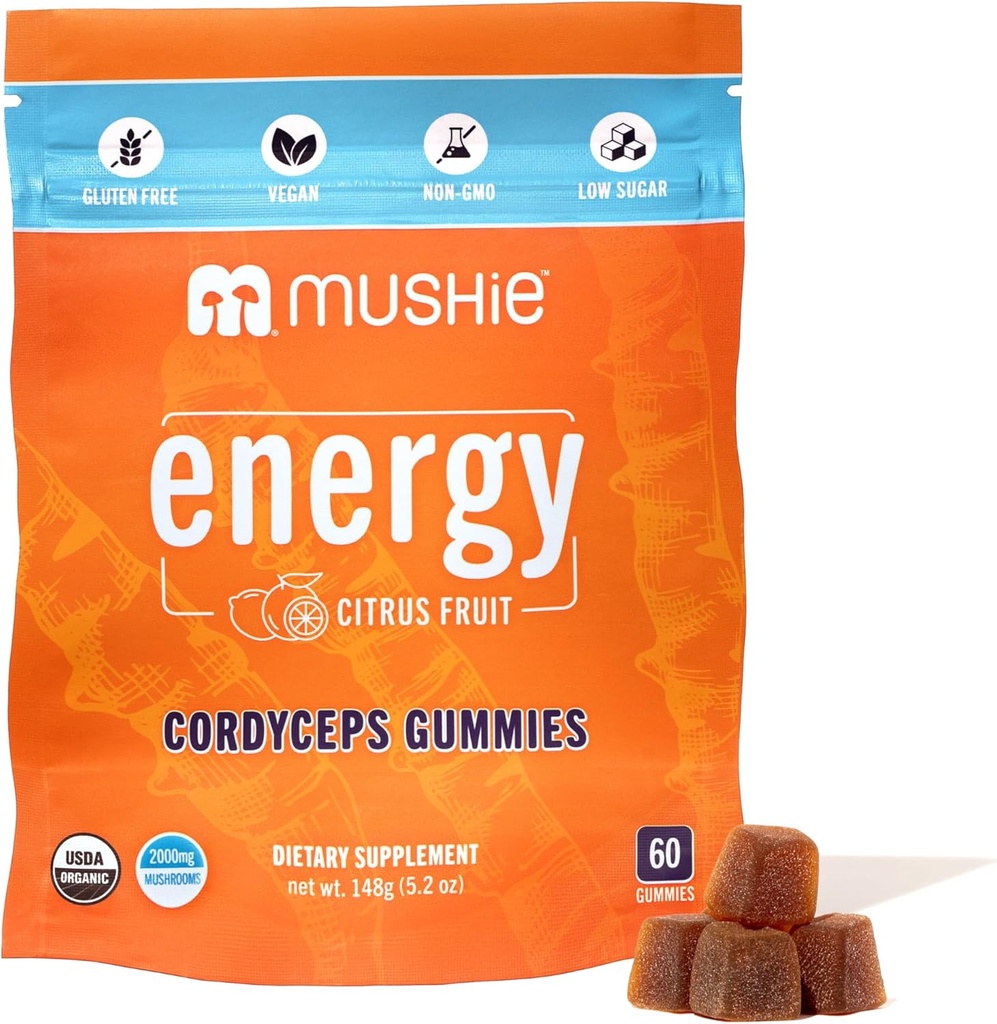 Mushie 100% Organic Cordyceps Hubové Gummy - 2000mg Cordyceps Militaris Nootropic for Energy & Immune Support with Vitamin D - Vegan, Gluten-free - 60 Count