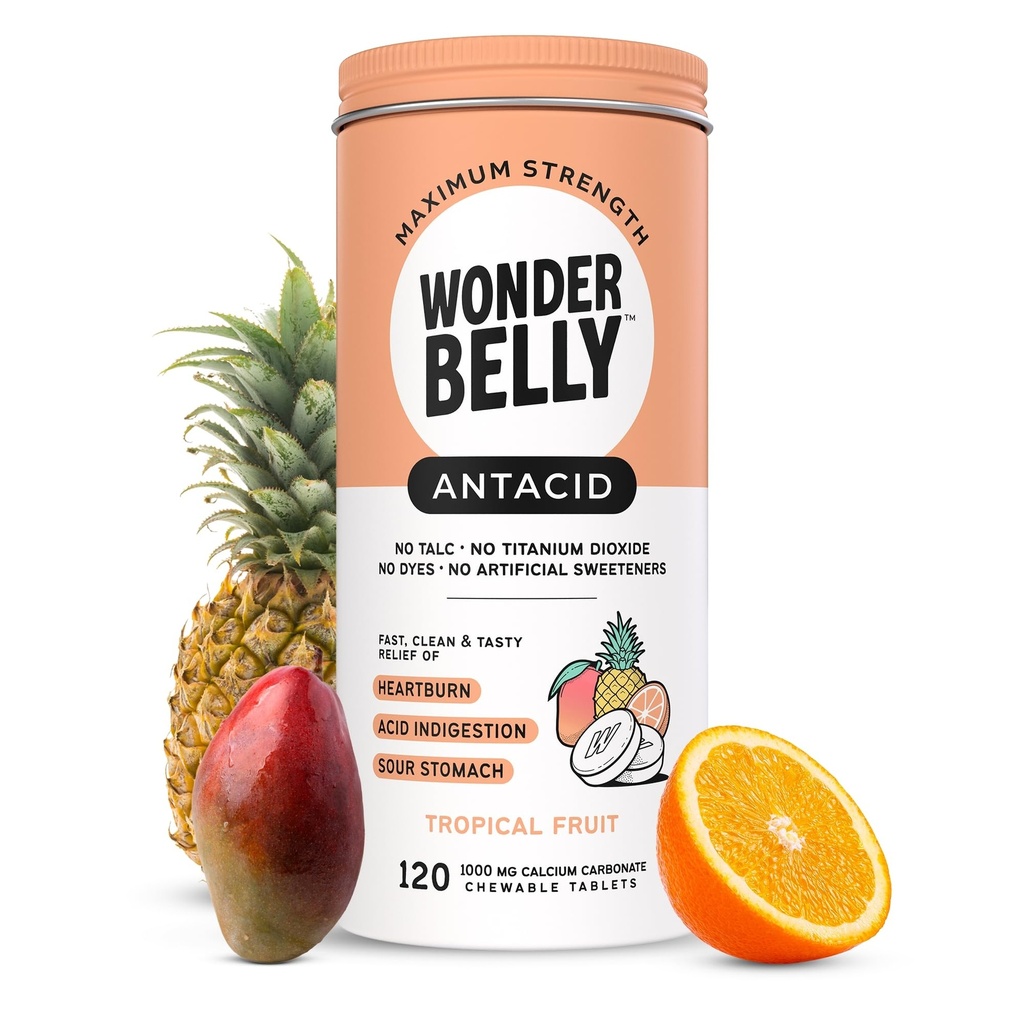 Wonderbelly Antacidum, Účinné pálenie záhy a instantná kyselina Zmiernenie trávenia, Extra sila Žuvacie tablety, 1000 mg uhličitanu vápenatého, žiadne mastenec alebo farbivo, tropické ovocie, 120 Počet