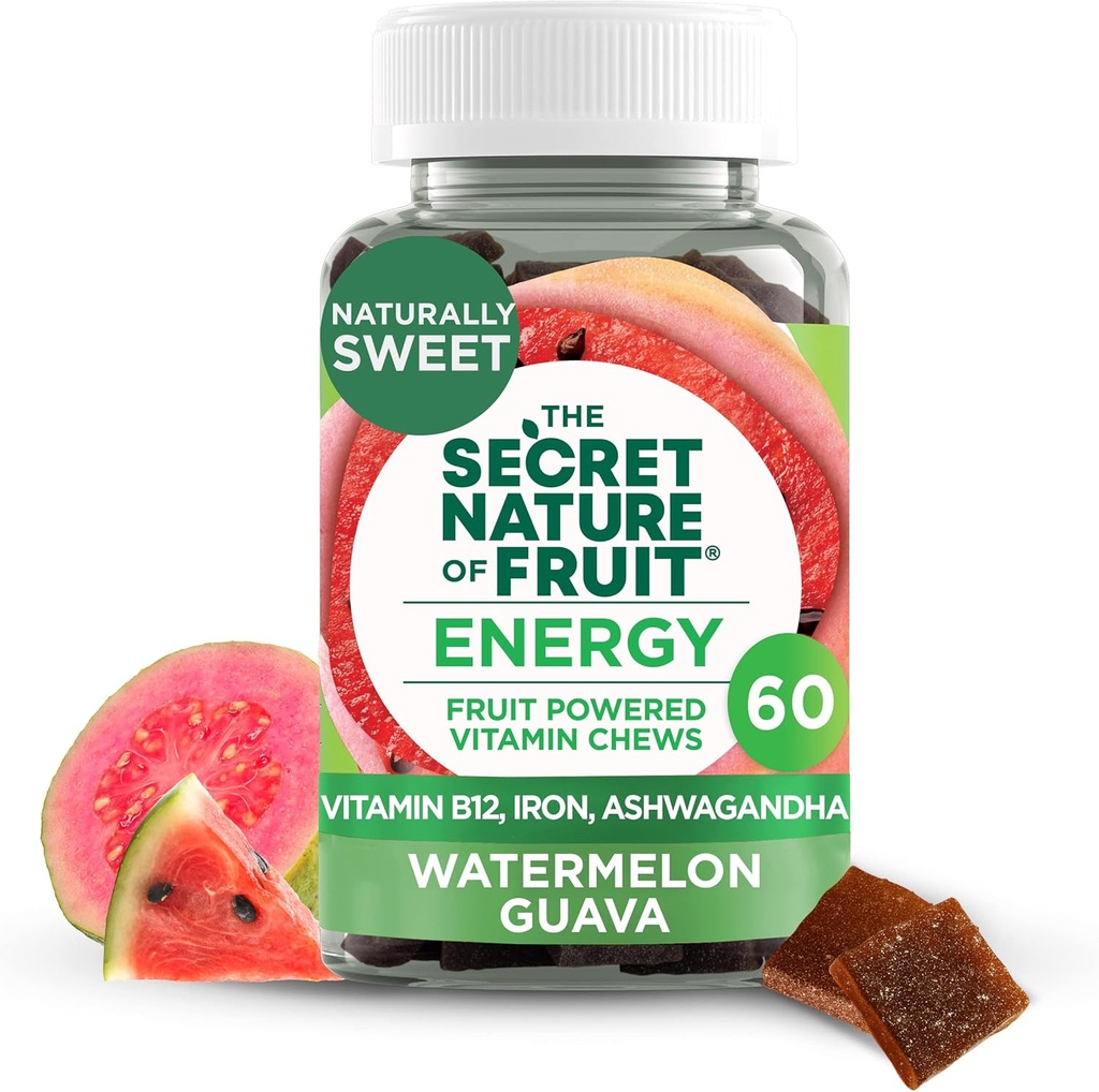 Tajomná povaha ovocnej energie žuvačky, skutočné ovocné poháňané vitamíny žuvačky s vitamínom B12, železo, Ashwagandha, melón a guava pre dlhotrvácnu energiu (60 počet), ružová