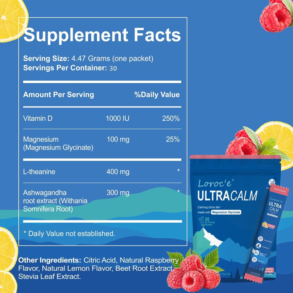UltraCalm Super Kortizol Nápoj, Pokojný Magnézium Glycinát prášok (30 Servings), L-teanín, Ashwagandha, Vitamín D, Žiadny cukor, Malinová citrónová elektrolytes prášok-1