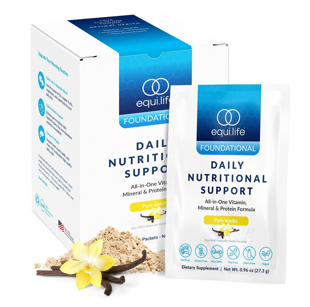 Equilife Daily Nutritional Support, All-in-One Multivitamínová náhrada, čistá Vanilková aróma, 15G rastlinný proteín, podporuje celkový wellness vrátane energie, zažívanie, & koža, 14 paketov