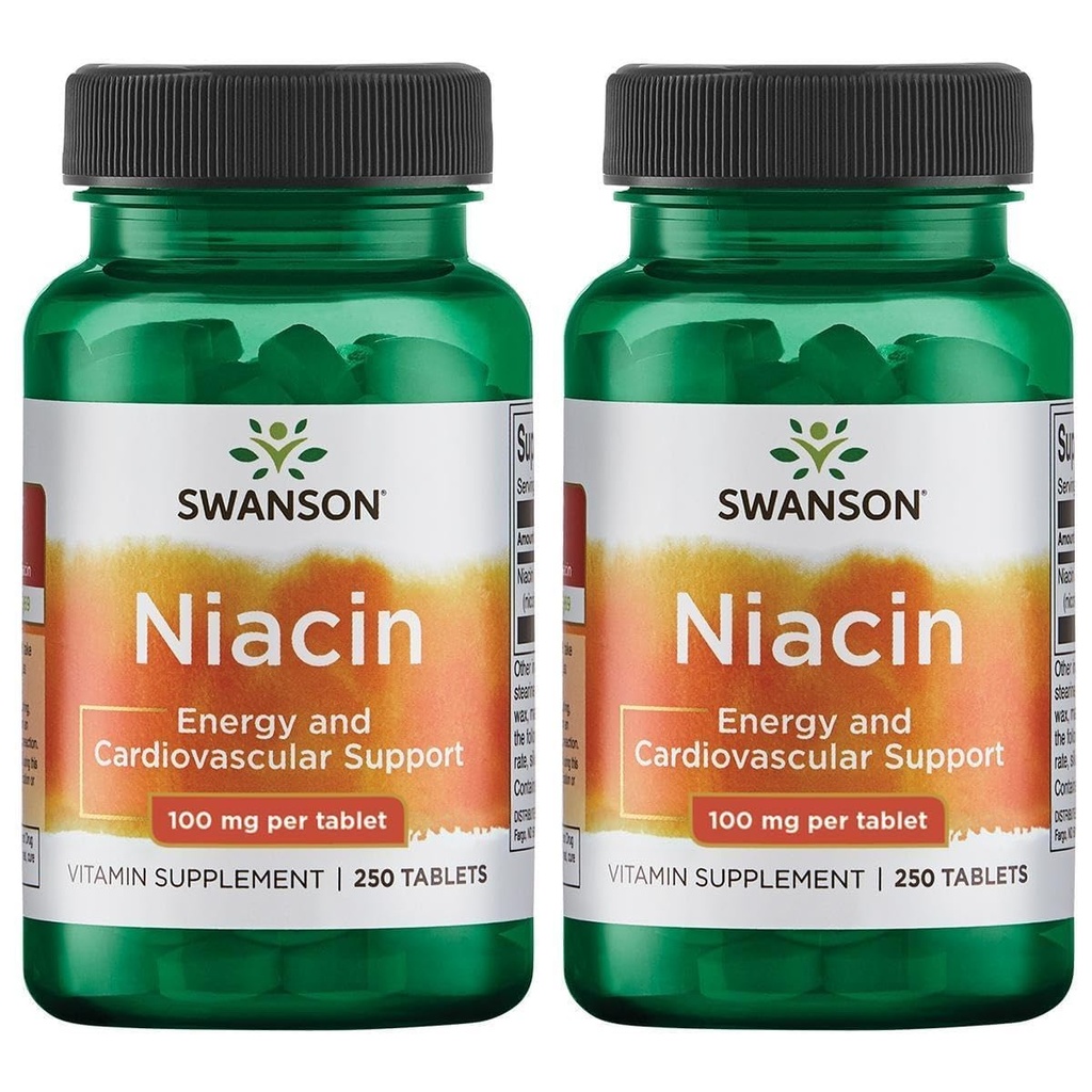 Swanson Niacin (vitamín B3) - Vitamínové doplnky podporujúce zdravie srdca a karbohydrát Metabolizmus - podporuje výrobu prírodnej energie - (250 tabliet, 100 mg NE Každá) (2 balenia)