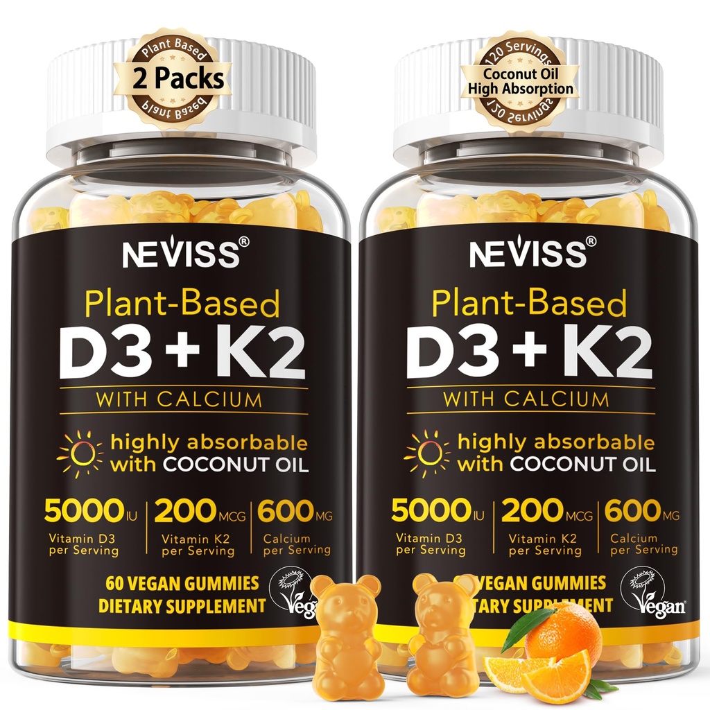 Vitamín D3 5000iu & K2 (ako MK7 ) 200mcg Gummies + 600mg Vápnik, s kokosovým olejom pre vysokú absorpciu, maximálna sila Vitamín D3 K2 doplnok - Podpora pre kostné svaloviny Immune, Vegan 2Packs