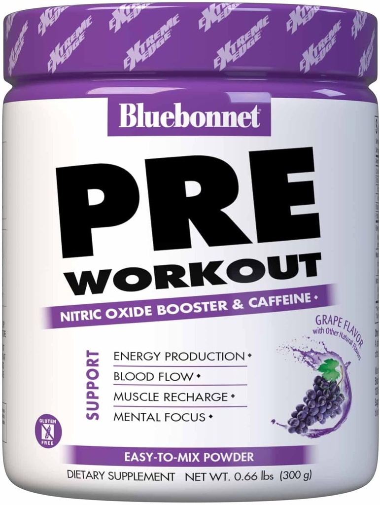 BlueBonnet Nutrition Extreme Edge Pre cvičenie, zvyšuje hladinu oxidu dusnatého (NO) - 30 Slúži, Hroznová chuť, 10.56 Oz