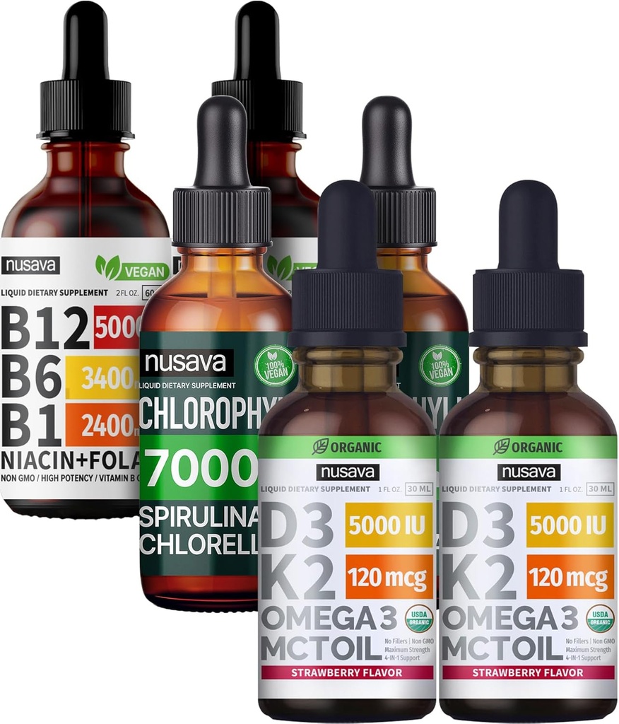 NUSAVA Jahodová ochutená D3 K2, Chlorofyl a vitamín B12 Tekuté kvapky Bundle - Silné kvapalné vitamíny pre srdce, energiu, mozog a imunitná podpora - non-GMO, bez lepidla, 2pk Každý