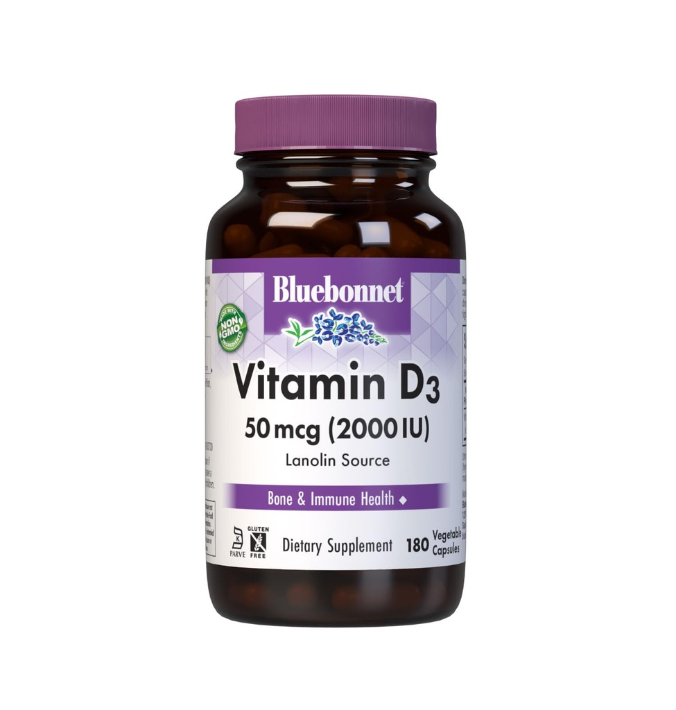 Bluebonnet Nutrition Vitamín D3 2000 IU Rastlinná kapsula, Pomoc pri raste svalov a kostí, cholekalciferol z Lanolínu, D3, Non GMO, Gluten Free, Soy Free, Milk Free, Kosher, 180 Rastlinná kapsula