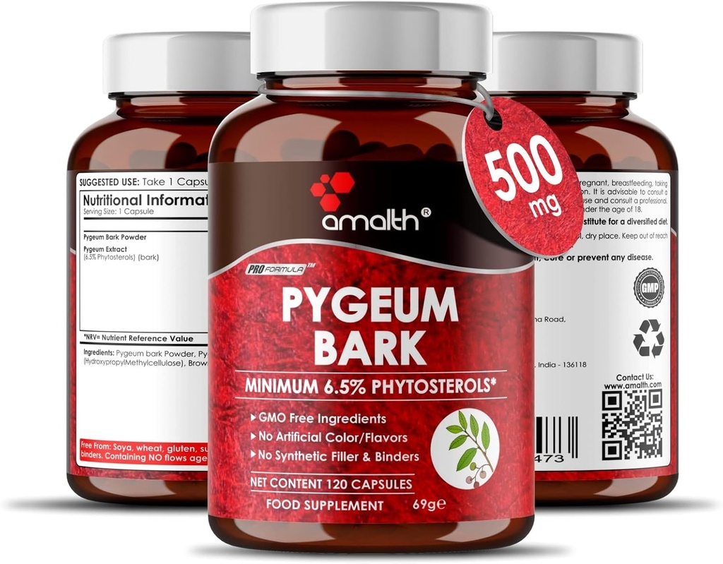 Amalth Pygeum Bark Extract Powder Higher Potency (6,5% fytosterolov) Podporuje močových ciest Tract & Prostate Health Muži Bylinné doplnky 120 Kapsule (Now GMO)
