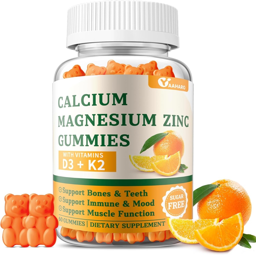 Vápnik Magnézium Zinok Gumies s vitamínom D3 & K2 - bezcukrové kalcium Gummy pre ženy a mužov - Bone & Immune Support - Non-GMO, Gluten-Free, Orange Ochutené - 60 Gummies