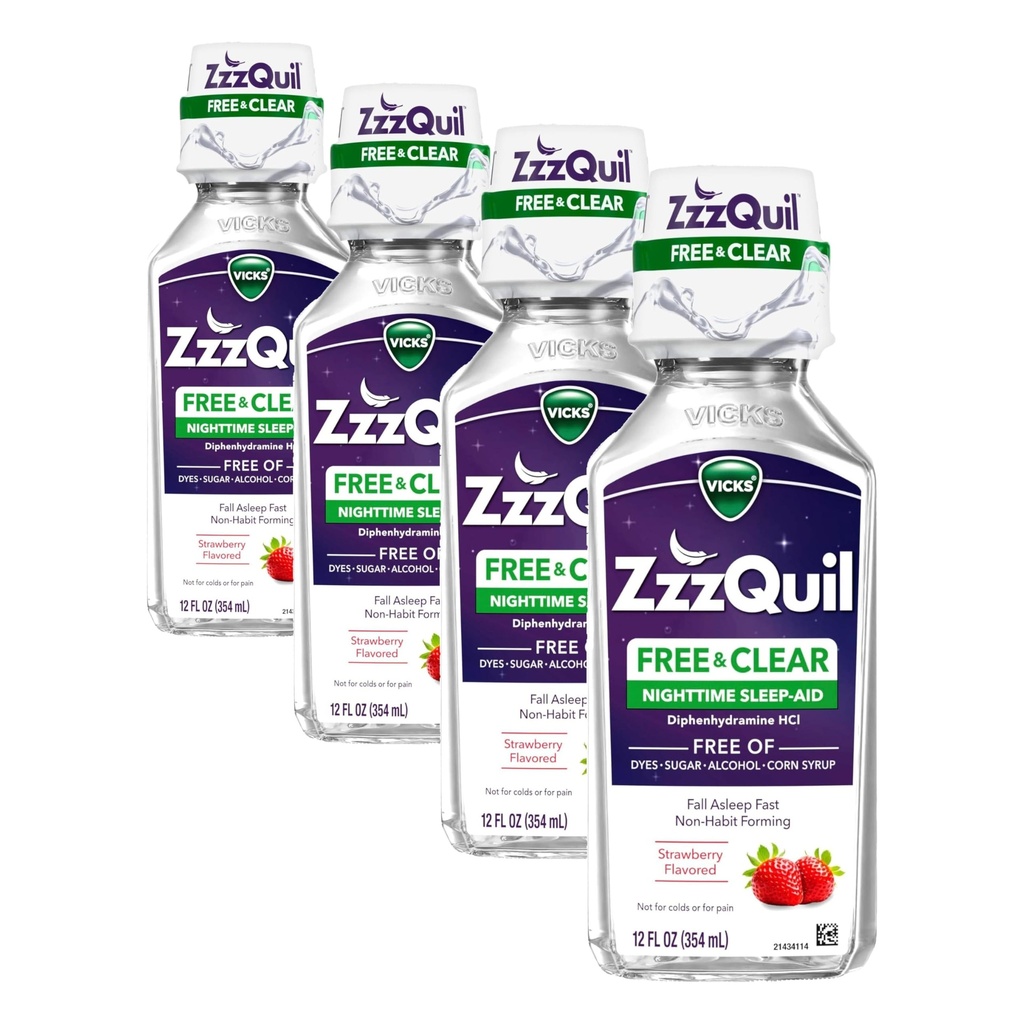 ZzzQuil, Nighttime Sleep Aid Liquid, ZADARMO alkoholu a umelých farbív, 50 mg difenhydramín HCl, No1 Sleep Aid Brand, Fall Asleep Fast, Non-Habit Forming, Ukľudňujúce Berry Flavor, 12 FL OZ (Pack of 4)