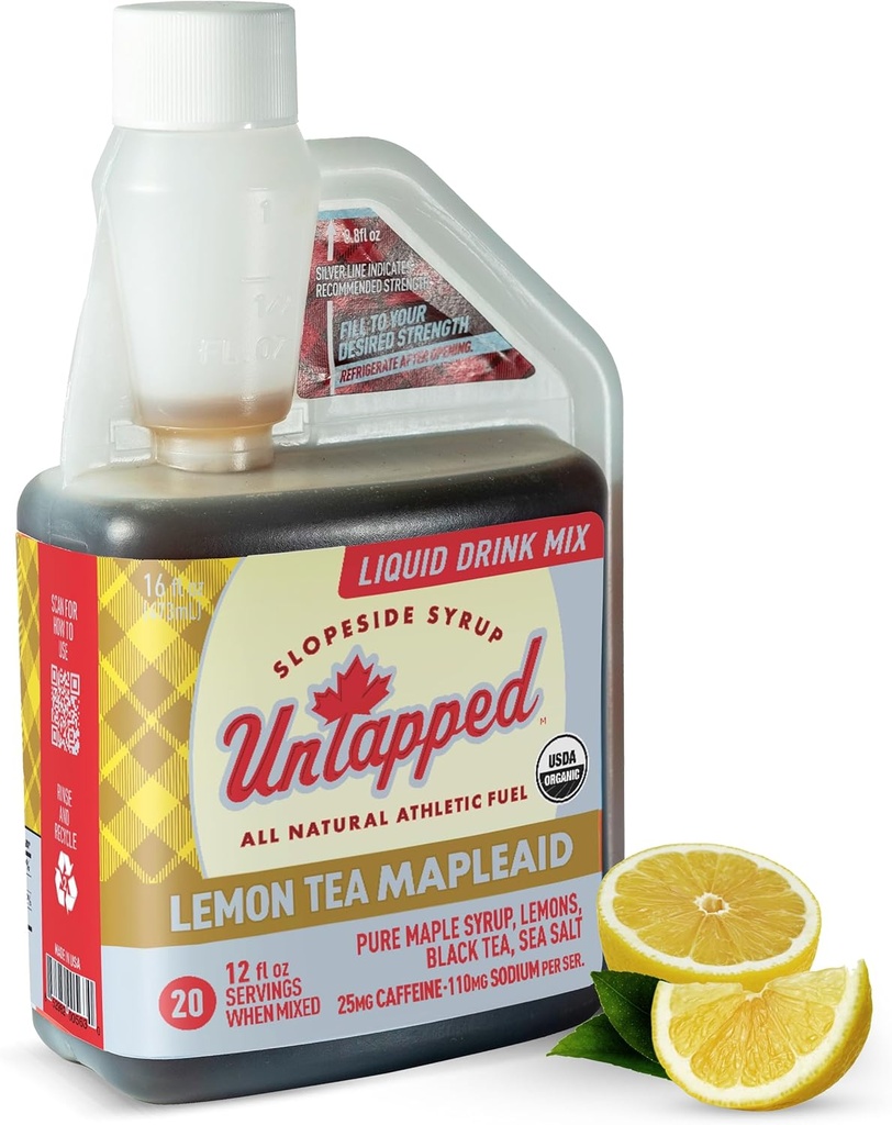Nevyužitý citrónový čaj Mapleaid - 20 Servíruje 16 fl oz hromadná fľaša Organic Maple Sirup, Citrónový džús a čierny čaj Bežiace palivo Energizujúce Elektrolyty a kofeín Prirodzene Powered by Pure Vermont Maple