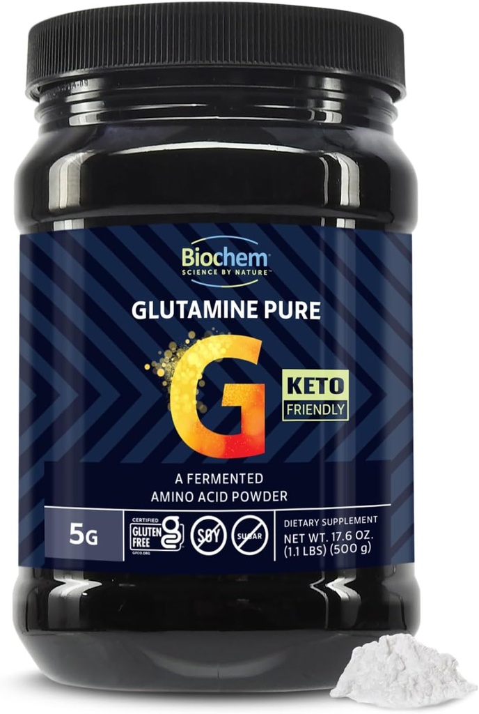 Biochem Glutamine Pure Powder - Pharmaceutical- Grade L-Glutamine for Post Workout Recovery - Vegan, Gluten-Free, Keto - podporuje svalové tkanivo, Immune Health, Energy - 5g per Serving, 17,6 oz