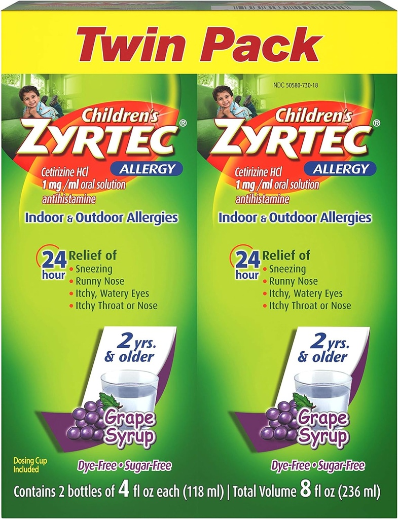 Zyrtec 24 Hr Detská alergia Sirup s cetirizínom, Hrozno bez cukru, balenie po 4 fl. oz