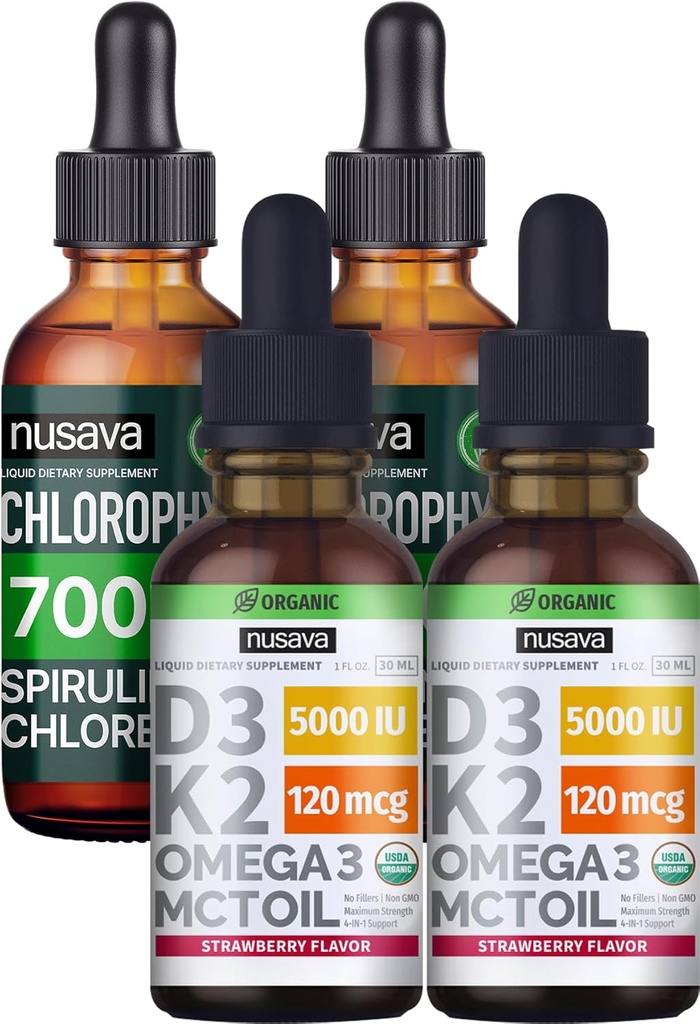 NUSAVA Jahodové ochutené D3 K2 kvapky a chlorofylové tekuté kvapky Bundle - Silné tekuté vitamíny pre srdce, kĺb, energia, & Imunitná podpora - non-GMO, Gluten-free, 2pk Každý