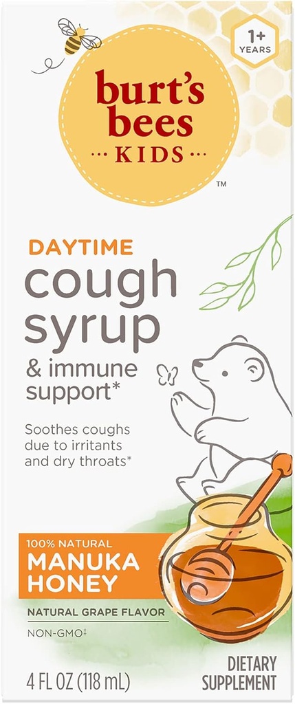 Burt's Bees Kids Daytime Cough Sirup and Immune Support, Natural Grape flavor, Dietary Supplement, 4 Fl Oz