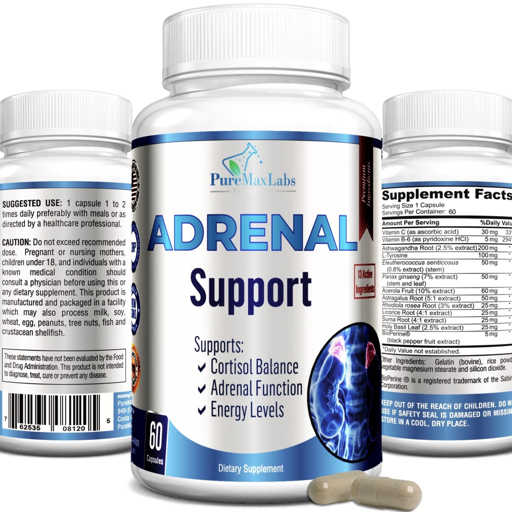 Adrenal Support, Cortisol Manager, Adrenal Health, Udržujte rovnováhu Cortisol úrovne, stres Relief Supplement with Ashwagandha, L-Tyrosine - 60 Kapsule