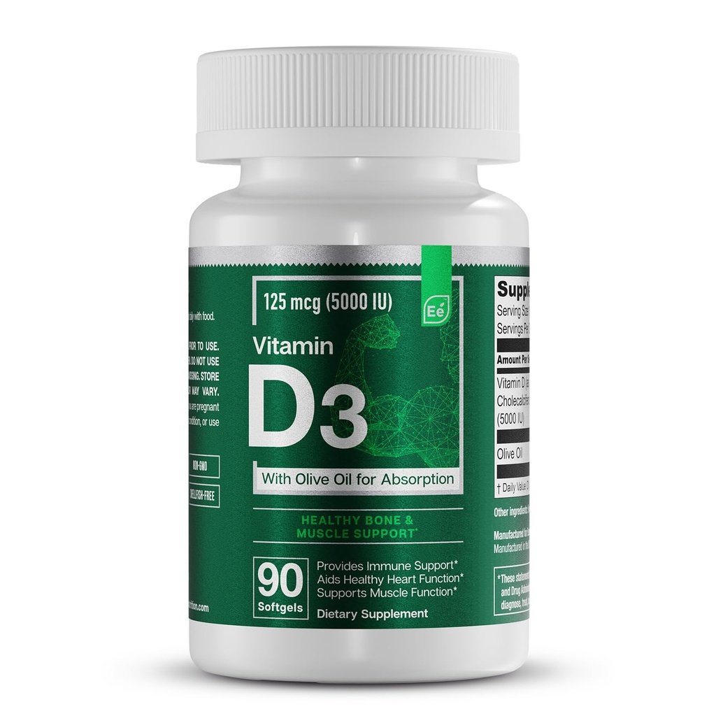 Základné prvky D3 Vitamíny 5000 IU Softgely s olivovým olejom pre kosti, svalovinu a imunitnú podporu