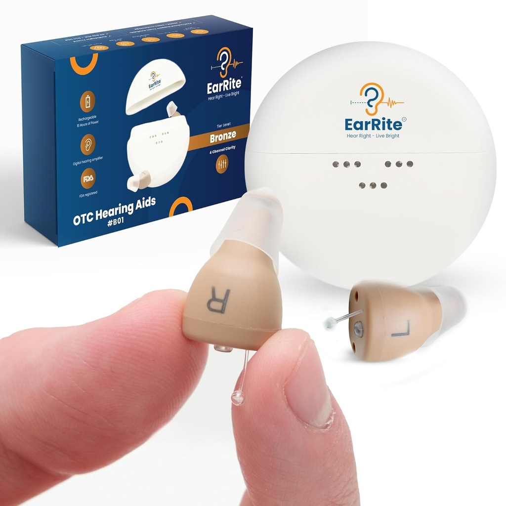 EarRite dobíjateľné OTC sluchové pomôcky pre seniorov - takmer neviditeľné a pohodlné 9 nastaviteľné úrovne jasnosti Kompaktný in-ear dizajn digitálny sluchový zosilňovač so znížením hlučnosti a nabíjanie prípad
