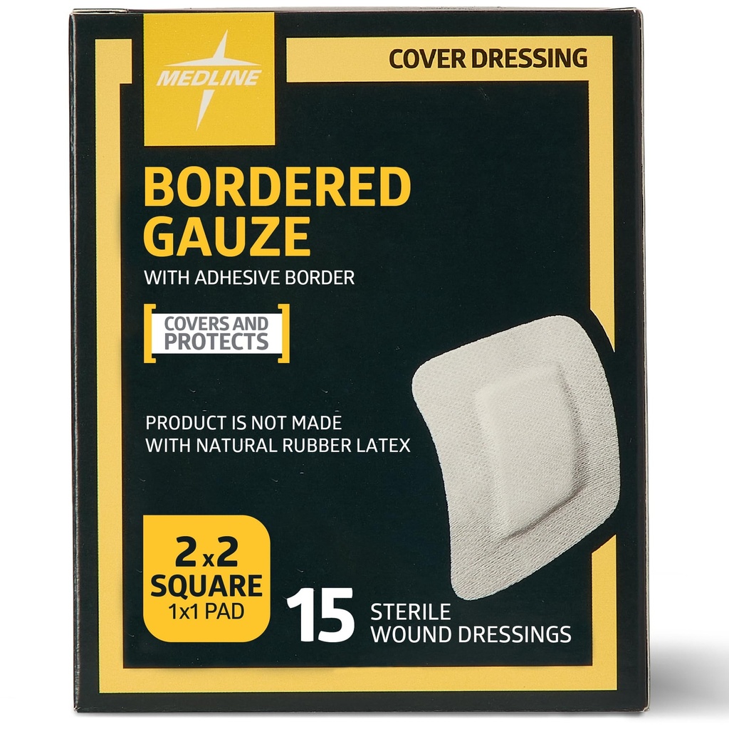 Medline ohraničená gáza, 2" x 2" Lepiaci ostrovček na rane, Sterilný, 15 gróf
