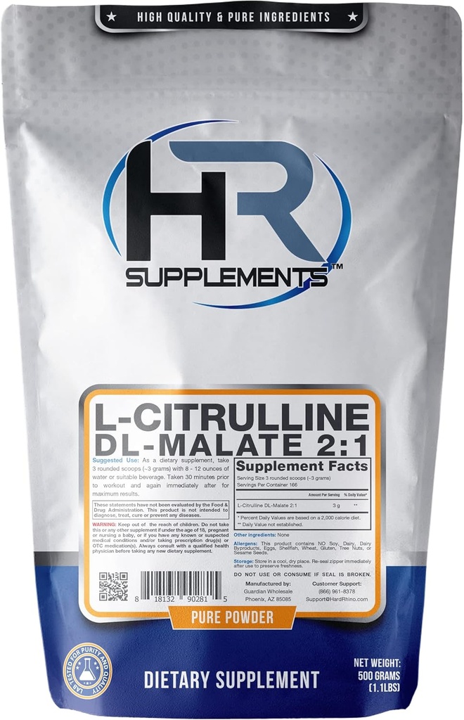 HR doplnky L-Citrulín DL-Malát 2:1 prášok, 500 gramov (1,1 Lbs), bez príchute, Lab-testovaný, Scoop zahrnuté