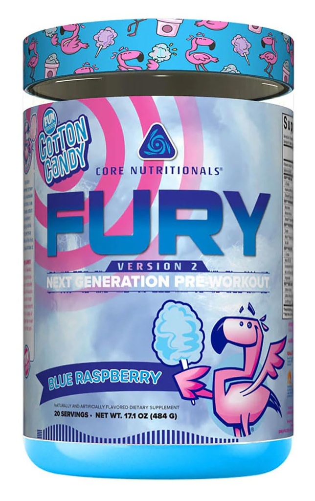 Core Nutritionals Fury V2: Predprášok na maximalizáciu výkonu v Gym W/Zum-XR® Caffeine, L-CItruline a Alpha GPC (40 Scoops) (Fun SweetsTM Blue Raspberry)