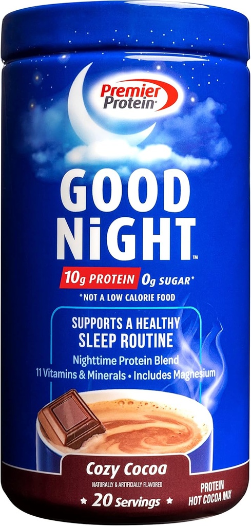 Premier Protein Good Night Protein Powder, Hot Cocoa Mix, 10g Protein, 0g Cukor, 11 Vitamíny a minerály, Nighttime Protein Blend, horčík, Zinok, 20 Serve, 1 Tub