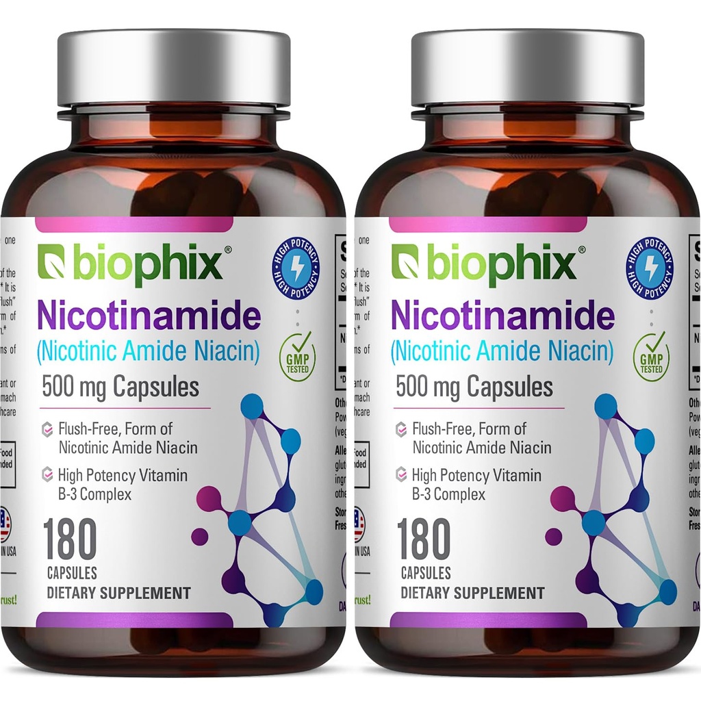 biofix B-3 nikotínamid 500 mg 180 Caps 2 balenie - Nicotinic Amide Niacin Natural Flush-free vitamín Formula - podporuje zdravie buniek kože