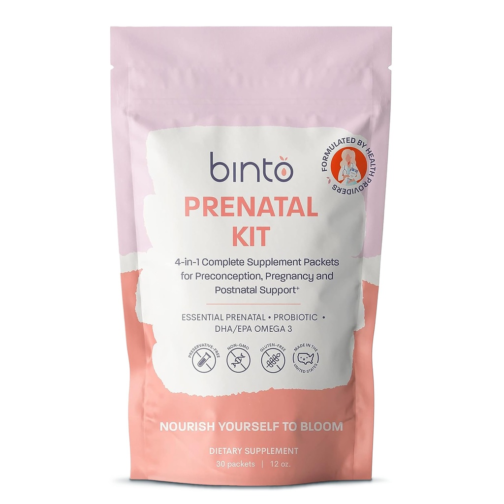 Binto prenatálna súprava - 4-in-1 Doplnky pre zdravú mamu a dieťa - 30-dňová ponuka - Multivitamín, probiotiká, železo, DHA, metylovaný folát a kyselina listová - non-GMO, bezlepkové, vegetariánske