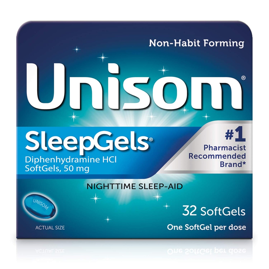 Unisom SleepGels, Nočný spánok, Difenhydramín HCI 50 mg, 32 SoftGels