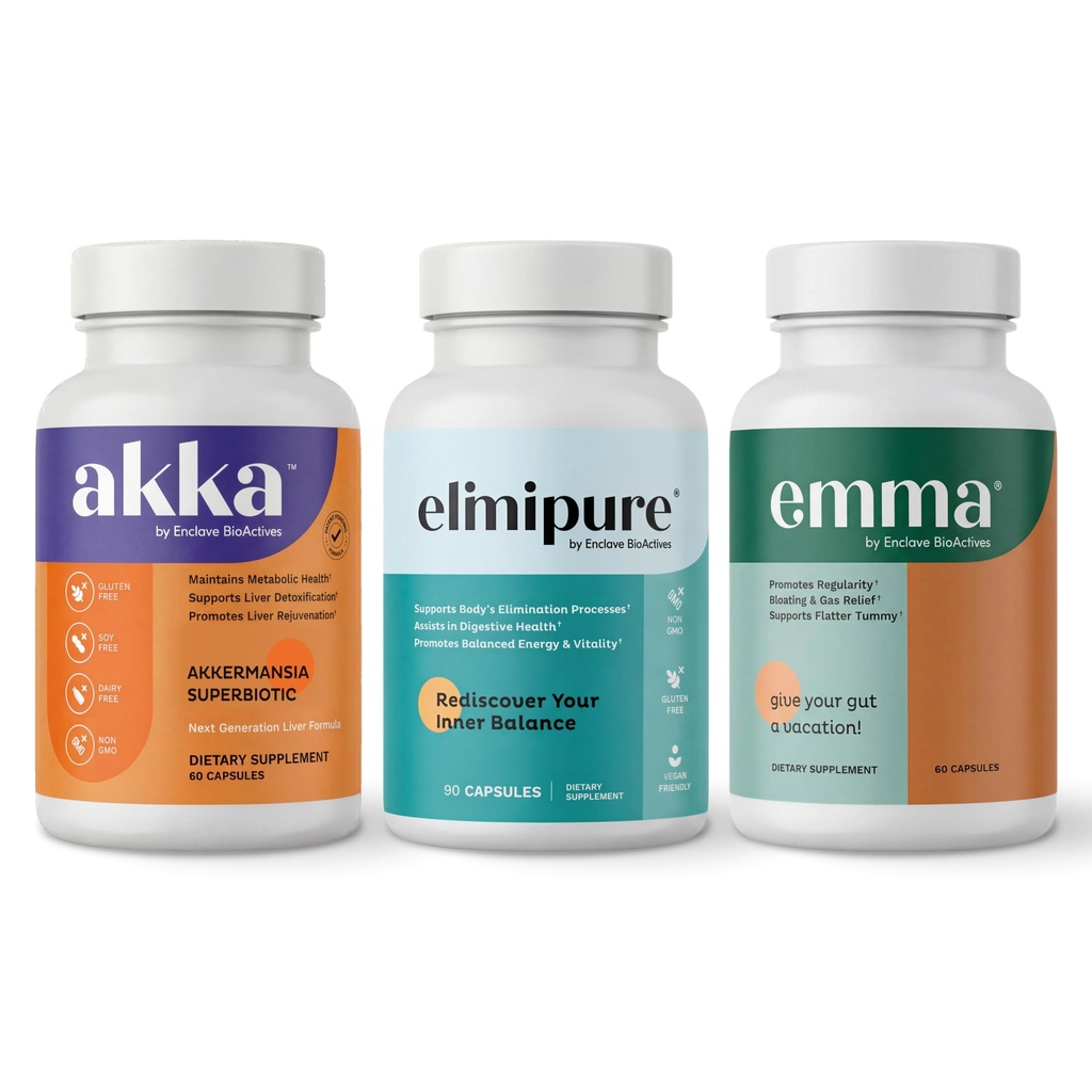 Emma Gut Health & Elimipure Gut Cleanse & Akka Pečeň Cleanse 3 v-1 Detox Bundle for Digestive Balance, Regularity & Replacement Support