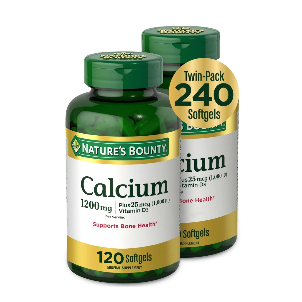 Prírodné Bounty Vápnik 1200 mg s vitamínom D3 - Bone Health Softgels, vápnik a vitamín D doplnok, 120 Ct (2-Pack)