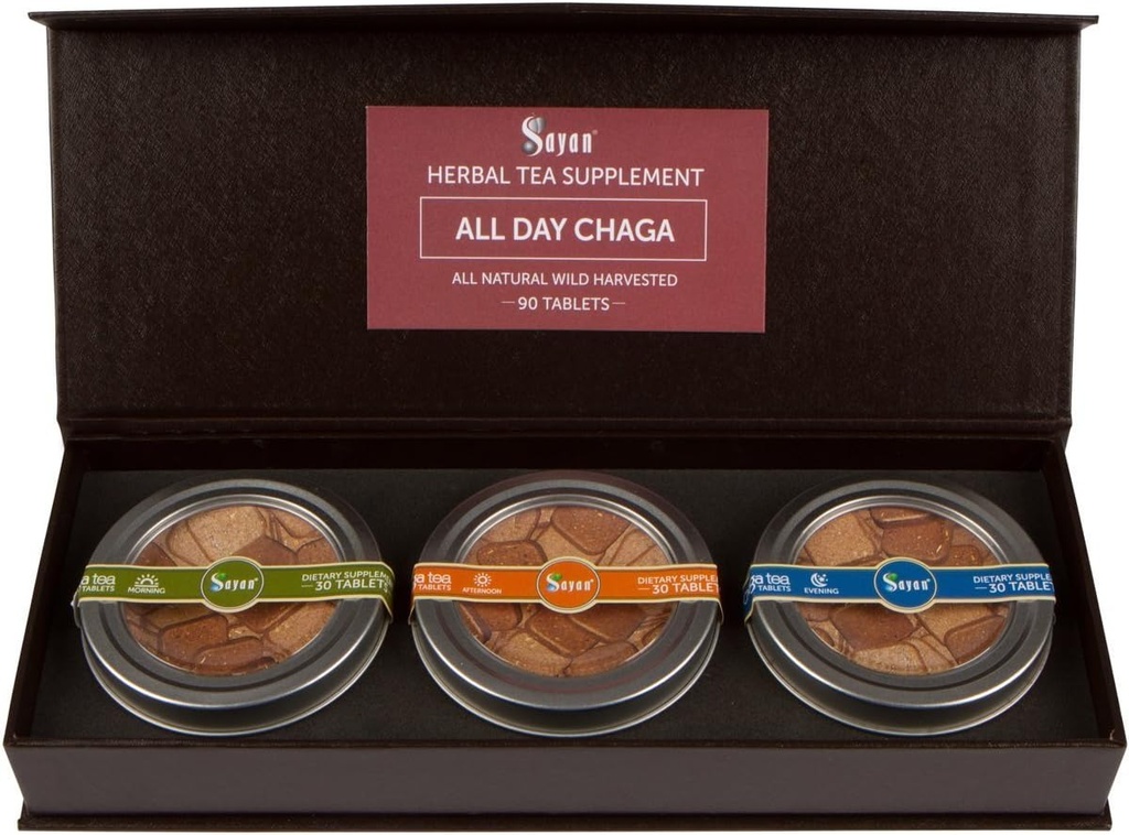 Sayan Sibírsky celodenný set Instant Chaga Mushroom Tea, balenie 3 denných tabliet (90 ks) - Wild-Harvested, Premium Blend 