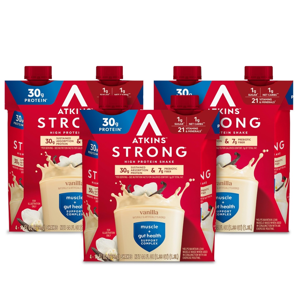 Atkins Silný vysoký proteín Shake, Vanilková Ochutené, 30g Proteín, Nízky Carb a Nízky cukor Shake, Keto Friendly, Gluten bez, svalovej a Gut zdravotné podporné komplex, 12 Počet
