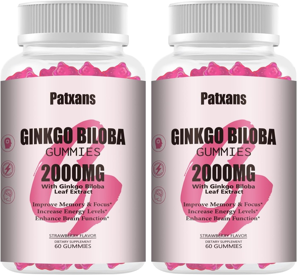 2 Balenia 2000mg Ginkgo Biloba Gummies - Ginkgo Biloba Doplnky pre podporu zdravia mozgu, zlepšenie nálady a zaostrenie, energia, dospelý, Jahodová príchuť, 120 Počet