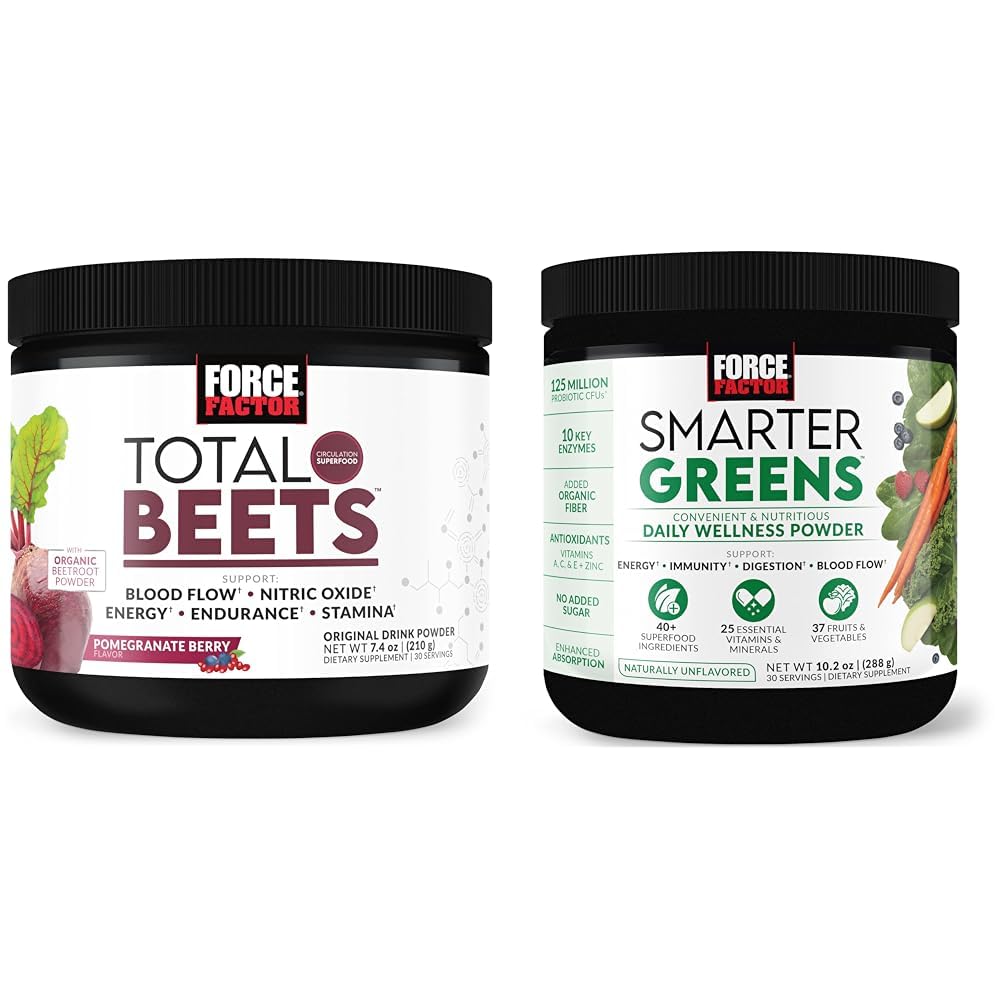 Force Factor Total Repets Drink Mix Superfood Powder s nitrátmi na podporu cirkulácie, Blood Flow & Smarter Greens Denné Wellness Powder na podporu energie, odolnosť a trávenie