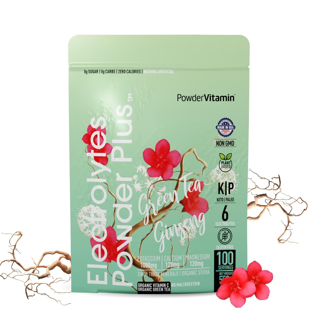 Prášokvitamín Elektrolyty Powder Plus (100 Servings) Zelený čaj Ženšen Elektrolyt Powder Keto, bez cukru, Ružová himalájska soľ, 1000mg Draslík, 150mg Vápnik, 150mg Magnézium, Hydračný prášok