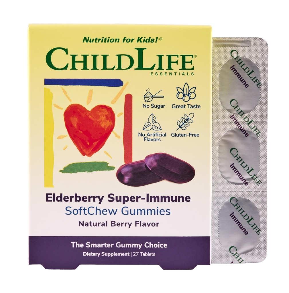 ČILDLIFE ESSIENTY Staršie plody Super-Immune SoftChew Gummies pre deti - Imunitná podpora s vitamínom C a vitamínom D3, Imunitný doplnok pre deti, batoľatá a deti - Berry, 27 Softchews