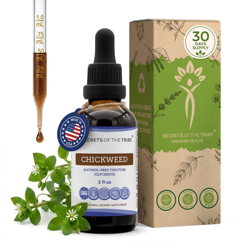 Tajomstvá tekutého extraktu bez obsahu alkoholu z kmeňa Tribe Chickweed Tincture, Chickweed (Stellaria Media) sušené nadzemné časti (2 FL OZ)