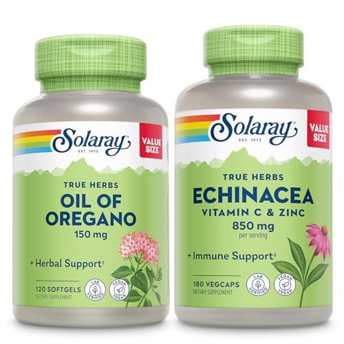 SOLARAY Oil of Oregano Softgels and Echinacea, VIT C & Zinc Immune Suplement - Oregano Oil and Echinacea Capsulas w/ Vitamin C 500mg Plus Bioflavonoidy, Vegan, 60-dňová záruka, 120ct/180ct