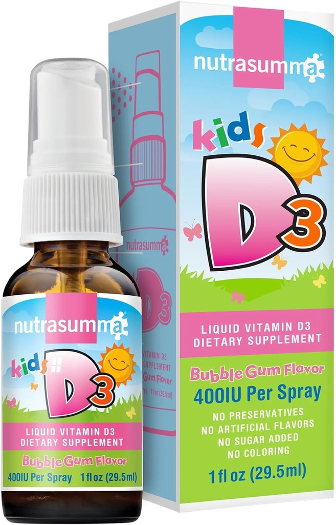 Nutrasumma Deti Vitamín D3 400 IU Sprej Bubble Gum Chuť 1oz- Prirodzene vysoká absorpčná rýchlosť podporuje Bone Boosts Imunitný systém Vitamín Supplement